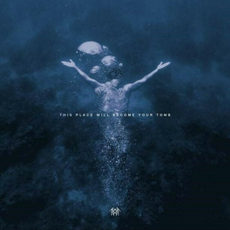 Album cover. A human figure in the ocean, with arms raised. Blue colors.